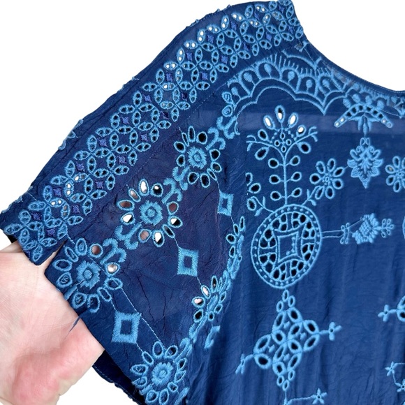 Johnny Was Embroidered Eyelet Mini Shift Dress Small Navy Blue - Picture 7 of 16